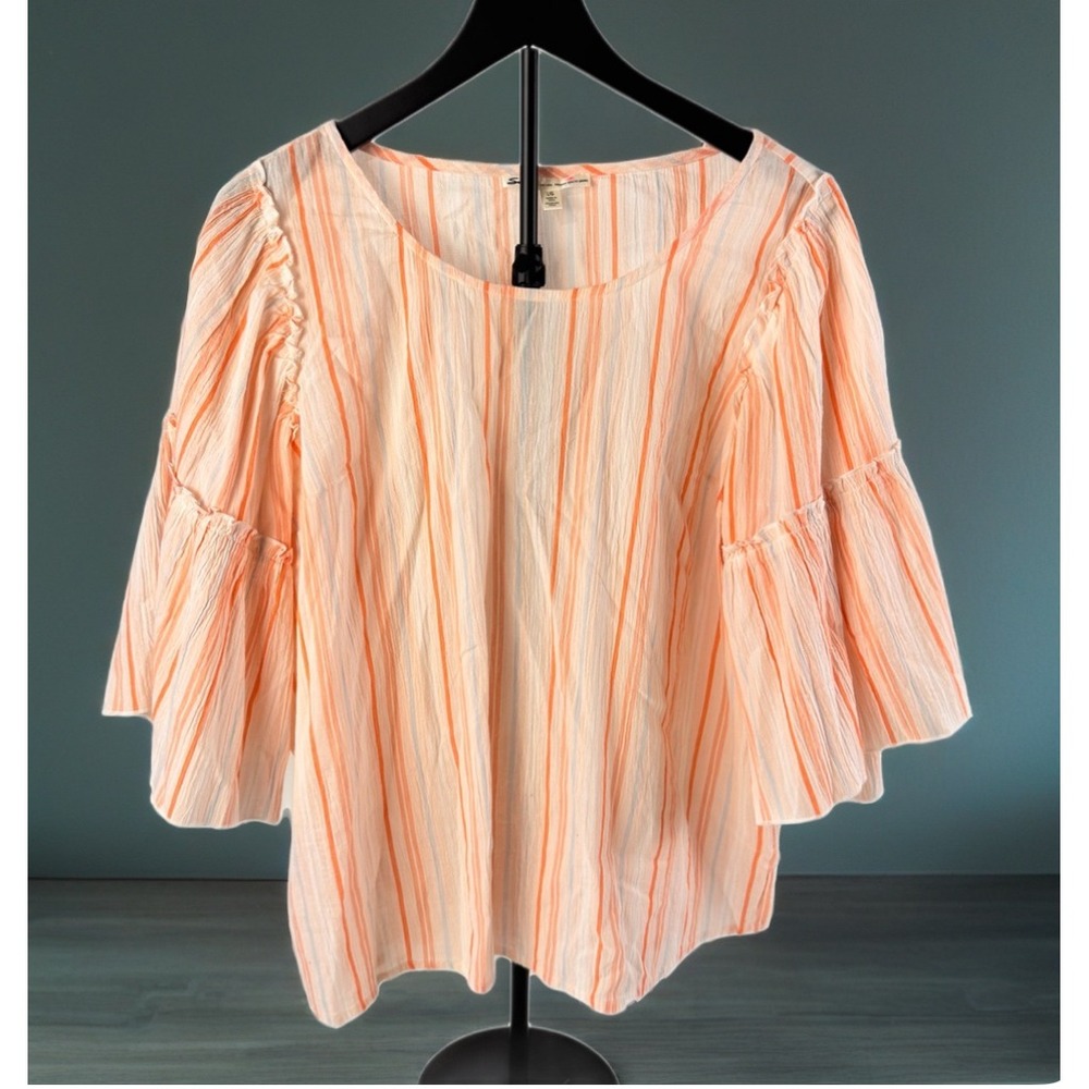 Seven7‎ Striped Blouse Women L Orange Bell Sleeve Cotton Gauze Boho Top